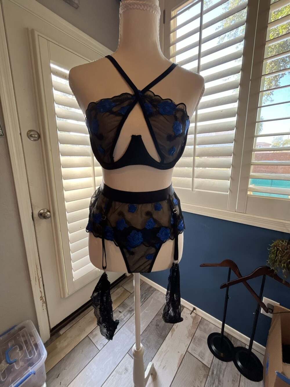 Floral Embroidery Mesh Lingerie Set with Bra, Garter Belt, and Thong